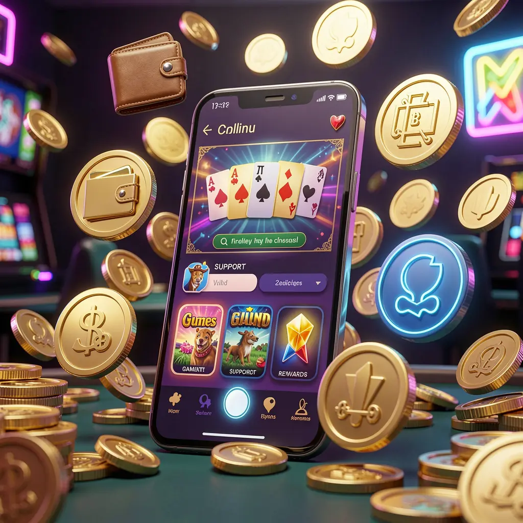VAGGO24 online casino app features displayed on a smartphone surrounded by icons for wallet, games, support, and rewards, with golden coins and neon lights in a luxury 3D render
