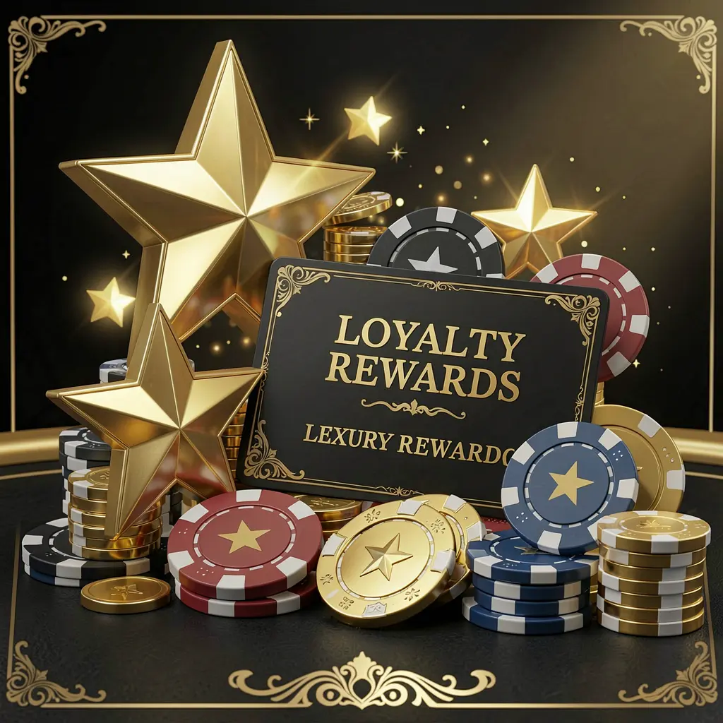 VAGGO24 loyalty rewards casino image featuring golden stars, poker chips, coins, and a luxury reward card on an elegant black and gold background in a realistic 3D render