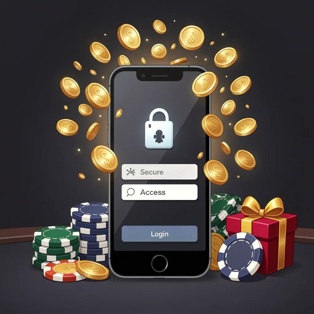 VAGGO24 casino user login illustration showing a phone with a secure access icon, golden coins bursting from the screen, poker chips and a gift box nearby on a dark premium background