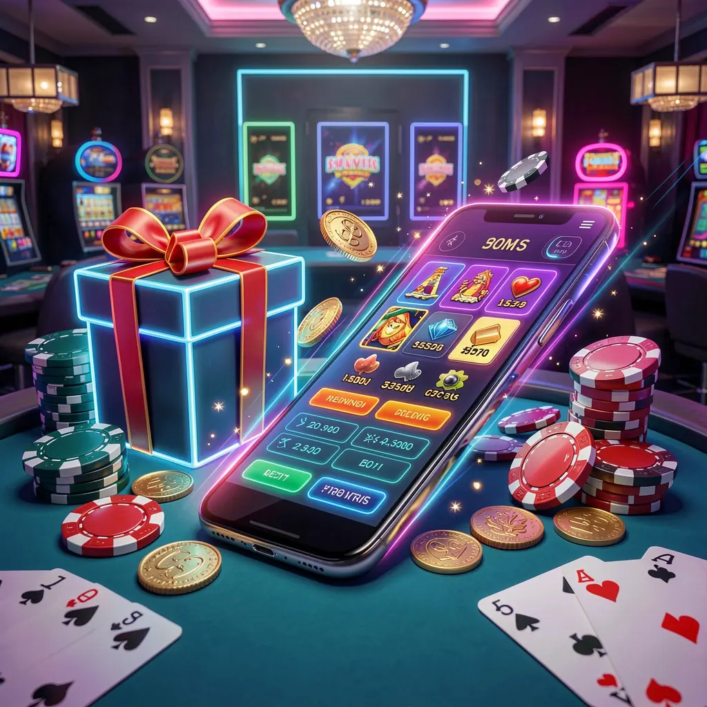 Modern casino website hero scene featuring a smartphone with glowing interface surrounded by bonus gift box, chips, coins, and playing cards in premium neon casino style, showcasing VAGGO24's responsible gaming experience